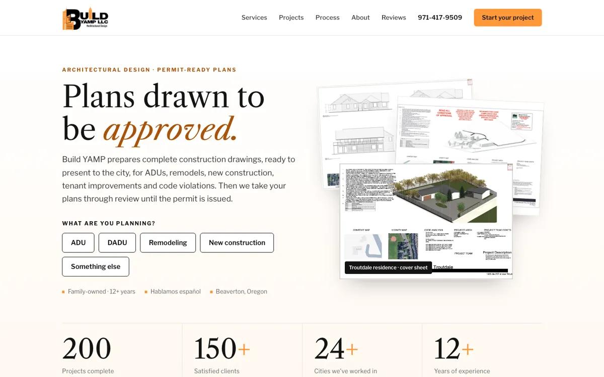Build YAMP website home screen: Plans that get approved, with project-type buttons and stats